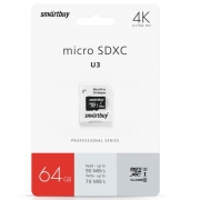   Micro SDXC 64Gb Smartbuy U3, 90/70 / +  SD (SB64GBSDCL10U3-01)
