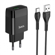 Зарядное устройство Hoco C72Q QC3.0 3А USB + кабель Type C, черное