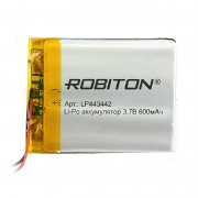Аккумулятор Li-Po 3.7В 600мАч с защитой, 42x34x4.4мм, Robiton LP443442