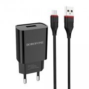 Зарядное устройство Borofone BA20A, 2.1А USB + кабель Micro USB, черное