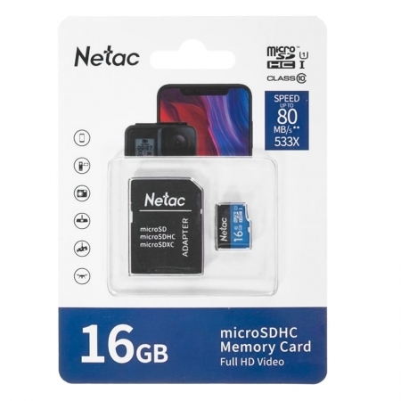   Micro SDHC 16Gb Netac P500 Class 10 UHS-I U1 80 /c   SD (NT02P500STN-016G-R