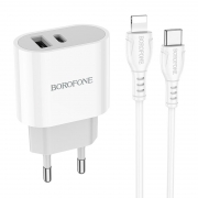Зарядное устройство Borofone BA62A, 2.4A USB A +Type C + кабель Type C - Lightning, белое