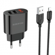 Зарядное устройство Borofone BA63A, 2.4А 2xUSB, дисплей + кабель Lightning, черное
