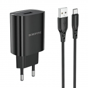 Зарядное устройство Borofone BN1, 2.1А USB + кабель Type C, черное