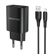 Зарядное устройство Borofone BN2, 2.1А 2xUSB + кабель Lightning, черное